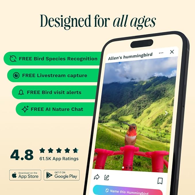 Birdbuddy Smart Solar Pro Hummingbird Feeder with Camera - AI Bird Identification, 2K Video, 5MP Photos, Outdoor Hanging, Gift for Bird Watching