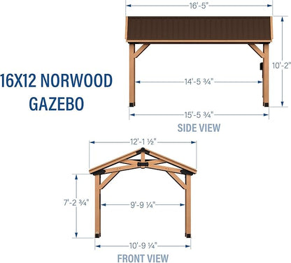 Backyard Discovery Norwood 16 ft. x 12 ft. Cedar Wood Gazebo,Thermal Insulated Steel Roof, Durable, Supports Snow Loads and Wind Speed, Rot Resistant, Backyard, Deck, Garden, Patio Light Brown