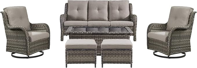 Rilyson 6 Piece Outdoor Patio Furniture Set - Rattan Wicker Patio Conversation Sets with 2 Swivel Rocker Chairs,2 Ottomans,1 Sofa and 1 Coffee Table for Outside Porch Deck Yard(Mixed Grey/Grey)