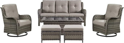 Rilyson 6 Piece Outdoor Patio Furniture Set - Rattan Wicker Patio Conversation Sets with 2 Swivel Rocker Chairs,2 Ottomans,1 Sofa and 1 Coffee Table for Outside Porch Deck Yard(Mixed Grey/Grey)
