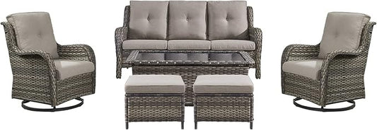 Rilyson 6 Piece Outdoor Patio Furniture Set - Rattan Wicker Patio Conversation Sets with 2 Swivel Rocker Chairs,2 Ottomans,1 Sofa and 1 Coffee Table for Outside Porch Deck Yard(Mixed Grey/Grey)