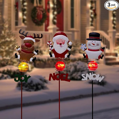 Christmas Solar Garden Lights,3 Pack Santa Claus Snowman Reindeer Solar Stake Lights,Xmas Figurine Lights for Yard Lawn Porch Holiday Decor for Women