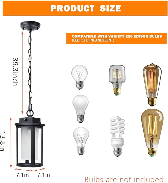 JYZ Dusk to Dawn Outdoor Hanging Light, Exterior Pendant Lantern Dusk Till Dawn, Modern Contemporary Indoor Outdoor Chandelier Lamp Ceiling Mount for Front Porch Entry Gazebo Patio Garden Pergola