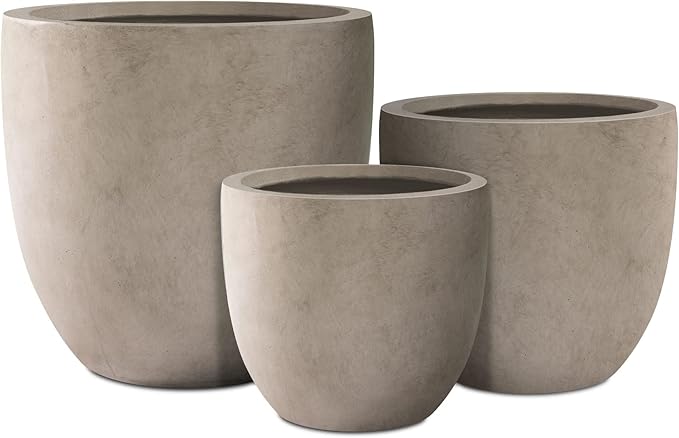 Kante 20",16.5",13.4" Dia Round Concrete Planters (Set of 3), Outdoor Indoor Modern Decorative Plant Pots with Drainage Hole & Rubber Plug for Home & Garden, Weathered Concrete