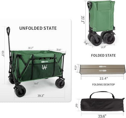 Whitsunday Folding Collapsible Wagon,440Lbs Heavy Duty Foldable Utility Camping Wagon Cart with Table and All Terrian Wheel for Beach,Outdoor Green