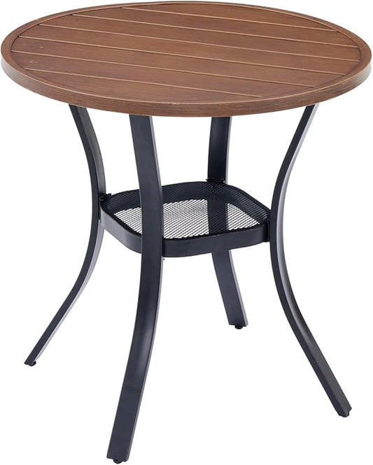 VICLLAX Outdoor Patio Round Dining Table, 28"x 28" Metal Slatted Round Tabletop with Storage Shelf for Deck Lawn Garden Backyard, Walnut