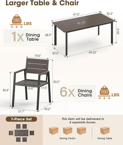 Patio Outdoor Dining Set for 6, Aluminum 7 Piece HDPE Outdooor Table and Chairs Set with Umbrella Hole, Modern Rectangular Patio Furniture Set with All-Weather Table & 6 Chairs (Charcoal)