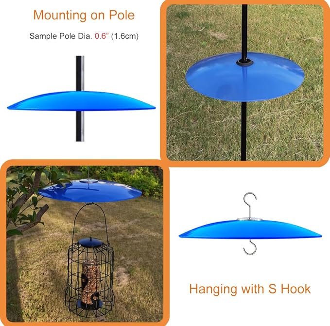 13" Glass Rain Cover for Bird Feeder Outdoors - Baffle on Shepherd Pole/Post or S Hook Hanging - Large Weather Guard Protective Dome - Dia. 33CM (1, Blue)