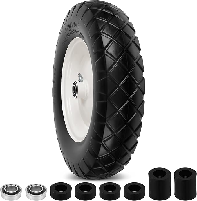 4.80/4.00-8" Flat Free Wheelbarrow Tire and Wheels, 16" Universal Fit Solid Tire with 5/8" or 3/4" Bearing, 3"-7" Hub, Adapter Kit Hand Truck Wheel Replacement for Garden Trailer, Wagons, 1 PCS