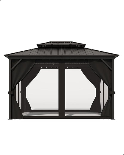 10x12 Ft Hardtop Gazebos with Heavy Duty Double Roof, Nettings and Curtains Galvanized Steel Outdoor Gazebos for Patio, Backyard, Deck, Lawn (Grey)