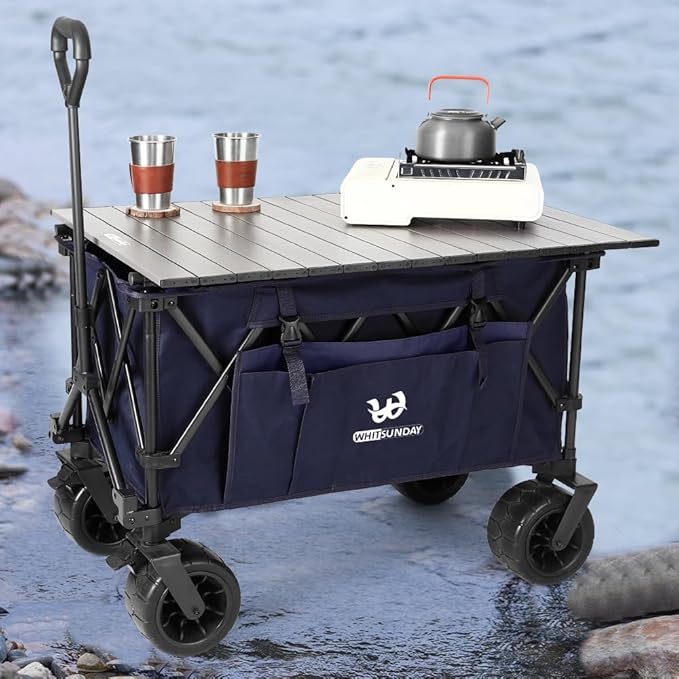 Whitsunday Collasible Wagon, Large Capacity 400Lbs, All-Terrain Wheels Heavy Duty Utility Wagon for Gardening Shopping Fishing Camping Outdoor Picnic Blue