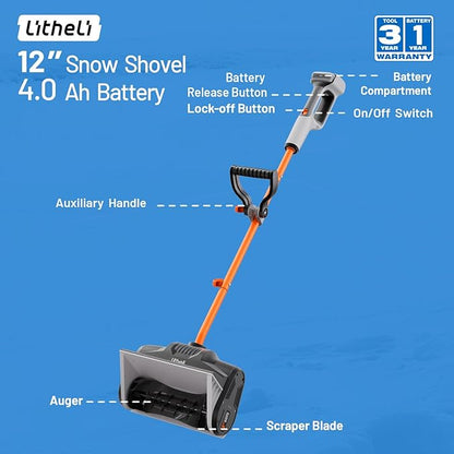 Litheli 20V Cordless Snow Shovel, 12'' Electric Snow Blower with 4 Ah Batteries Included, Lightweight Battery-Powered Snow Thrower for Driveway & Sidewalk