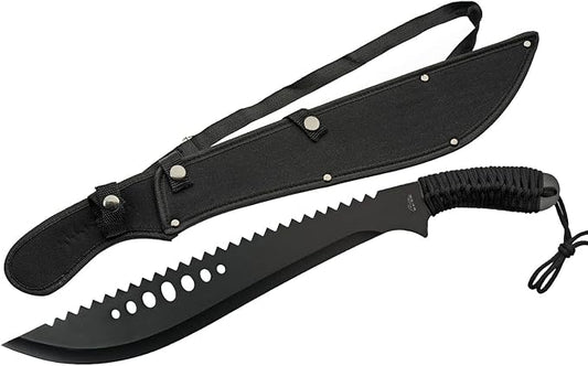 Szco Supplies 21” Full-Tang Curved Sawback Machete with Cord-Wrapped Handle, 420 Stainless Steel Blade, and Nylon Sheath for Camping, Hiking, and Survival