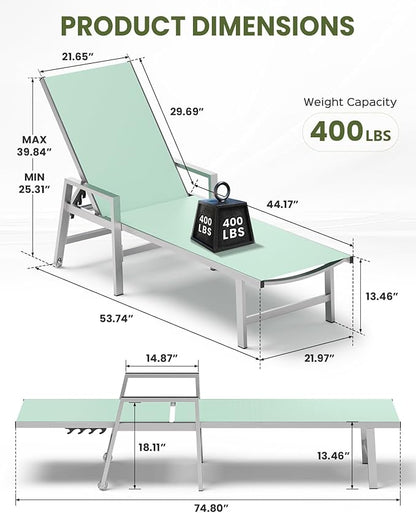 Patio Chaise Lounge Chair Outdoor with Wheels&Armrests, Aluminum Pool Lounge Chairs Set of 2 Five-Position Adjustable Recliner, Outdoor Beach Lounge Chairs for Poolside, Patio, Deck, Yard, Light Green