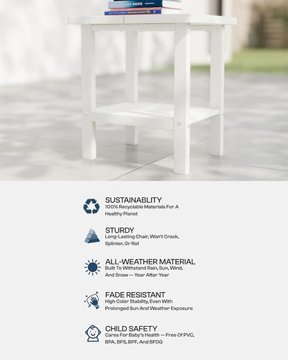 Kingdura Adirondack Outdoor Side Table, 16 x 13 Inches HDPE Plastic Outside End Tables for Patio Pool Porch Backyard Indoor, 2 Tiers Storage Shelf, All Weather Resistant, Easy Maintenance (White)