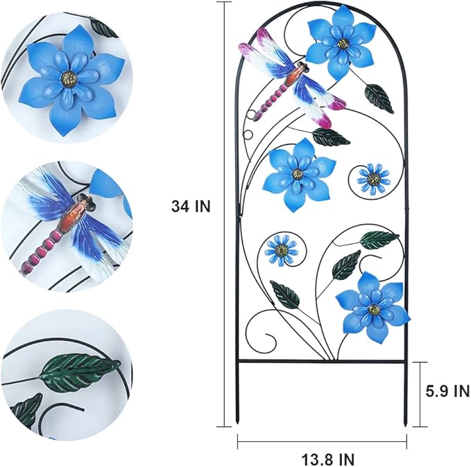 Garden Decor for Outside, YEAHOME 34 Inch Decorative Garden Stakes with Flowers Dragonflies, Metal Spring Yard Decorations for Outdoor Patio Lawn Backyard Blue