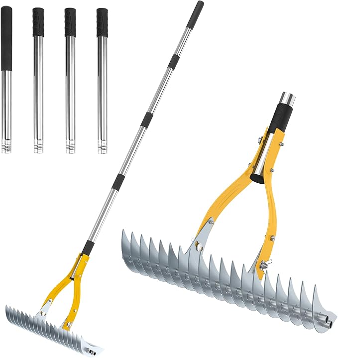 TOOVEM Thatch Rake, 15-inch Lawn Thatching Rake with Heavy Duty Steel Tines & Ergonomic Handle, 70-Inch Professional Dethatching Rakes for Effective Lawn Care, Garden & Yard Tool