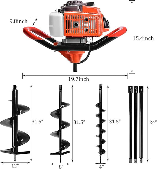 72CC Post Hole Digger,2-Stroke Auger Post Hole Digger Gas Powered Earth Digging Engine with 3 Auger Drill Bits (4"& 8" &12")+3 Extension Rods for Farm Garden Plant