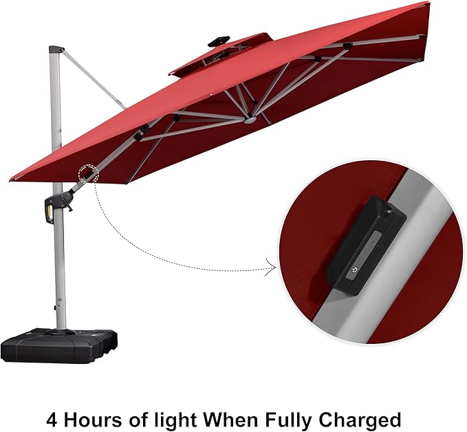 PURPLE LEAF 11 Feet Solar Powered LED Square Cantilever Umbrella With Base Patio Umbrellas Windproof Hanging Outdoor Umbrellas Offset Umbrella, Terra