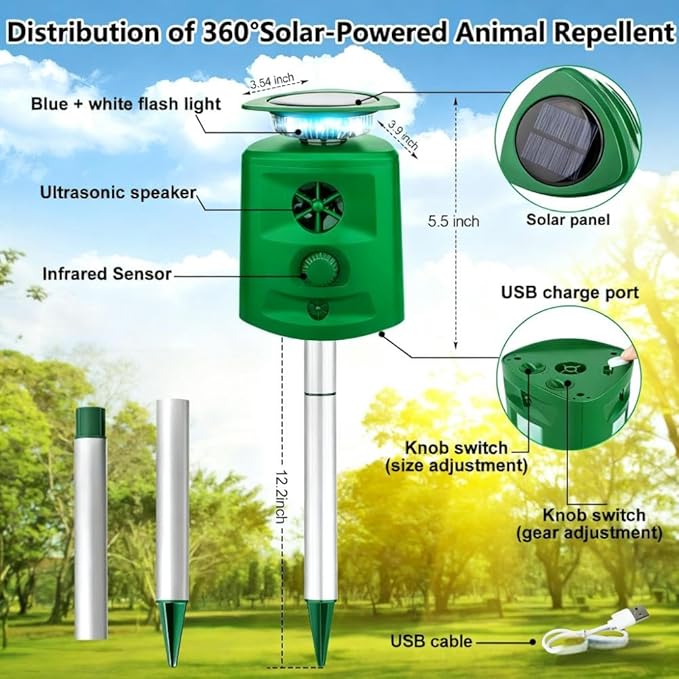 360°Solar Ultrasonic Animal Repellent, Deer Repellent Devices Cat Repellent Outdoor, Waterproof Squirrel Raccoon Rabbit Skunk Dog & Bird Deterrent with Motion Sensor & Flashing Light for Garden Yard