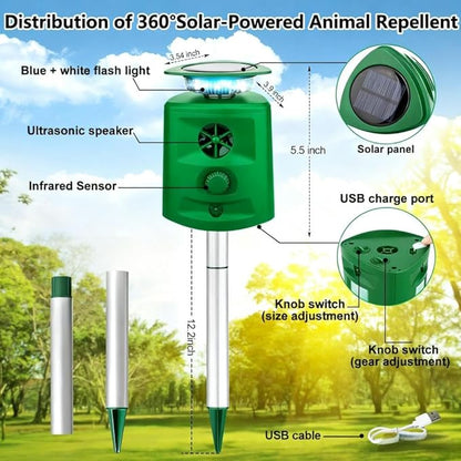 360°Solar Ultrasonic Animal Repellent, Deer Repellent Devices Cat Repellent Outdoor, Waterproof Squirrel Raccoon Rabbit Skunk Dog & Bird Deterrent with Motion Sensor & Flashing Light for Garden Yard