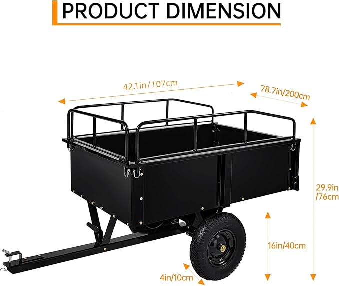 750 LBS Heavy Duty ATV Trailer Tow Behind Steel Dump Cart, 15 Cu. Ft Garden Utility Trailer with Removable Sides & Rear Hitch for Riding Lawn Mower Tractor, Black