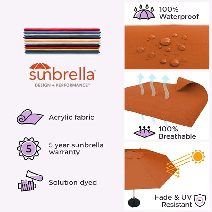 Midtown Umbrellas The Swilt 8 Feet Patio Umbrella in Sunbrella Terracotta Acrylic Fabric - Fiberglass Ribs, Auto-Tilt Aluminum Frame For Backyard, Deck, Garden, Pool - White Pole