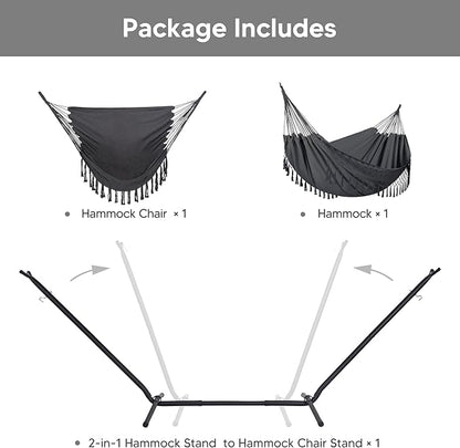 SUNCREAT 2-in-1 Hammocks Convertible Portable Double Hammock with Stand Included, Outdoor Hammock and Stand, Patent Pending, Dark Grey with Tassel