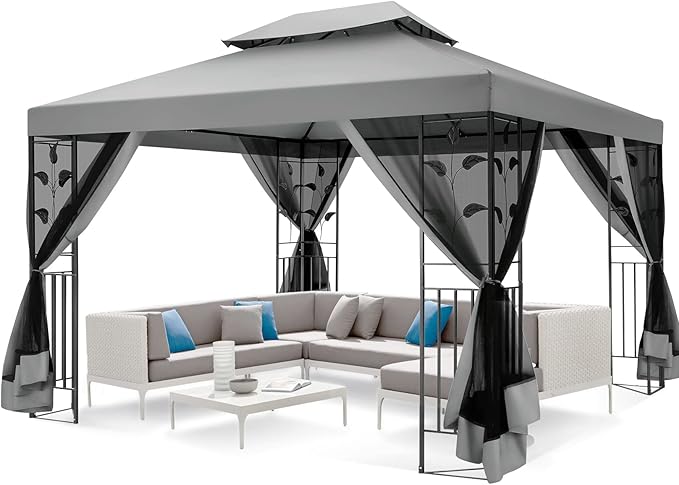 COBIZI Gazebo 10x13 Heavy Duty Gazebos with Improved Nettings Outdoor Gazebo Double Roof Patio Gazebos with Metal Steel Frame Outdoor Canopy for Patio,Garden, Backyard (Gray)