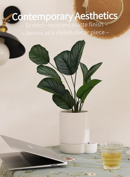 5.5 Inch Ceramic Self Watering Planters with Absorbent Cotton Rope, Cylinder Round Flower Pot for Succulent, Herbs, African Violets, White, 1 Pack
