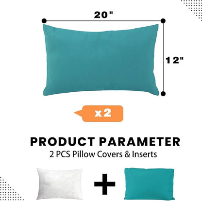 idee-home Outdoor Pillows with Inserts Included, Patio Outside Lumbar Pillows Waterproof Set of 2, 12 x 20 inch Peocock Blue
