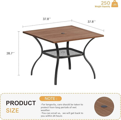 VICLLAX 37.8" Square Outdoor Patio Table, All Weather Metal Outdoor Dining Table for Lawn Garden, Walnut Wood-Like Tabletop
