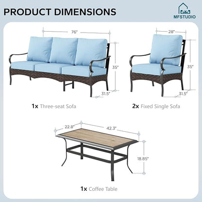 MFSTUDIO 4 Pieces Outdoor Patio Furniture Set, Metal Outdoor Conversation Set, Rattan Wicker Patio Sectional Sofa Set with 2 x Fixed Single Sofa, 3-Seat Sofa, 1 x Coffee Table, Blue
