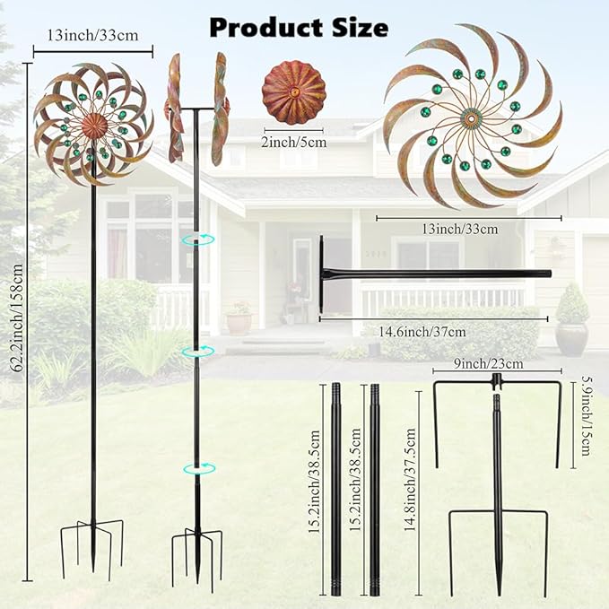 VEWOGARDEN Garden Metal Wind Spinners Outdoor Kinetic Wind Sculptures & Spinners for Yard Lawn Patio Decorations, Patina