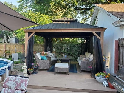 PURPLE LEAF 12' X 12' Outdoor Hardtop Gazebo for Patio Galvanized Steel Double Roof Permanent Canopy Teak Finish Coated Aluminum Frame Pavilion Gazebo with Netting