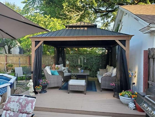 PURPLE LEAF 12' X 12' Outdoor Hardtop Gazebo for Patio Galvanized Steel Double Roof Permanent Canopy Teak Finish Coated Aluminum Frame Pavilion Gazebo with Netting
