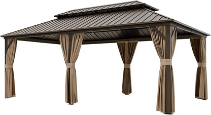 COOS BAY 12x20 Hardtop Gazebo with Aluminum Frame, Galvanized Steel Double Roof Outdoor Pavilion with Netting and Curtains, Dark Brown/Tan