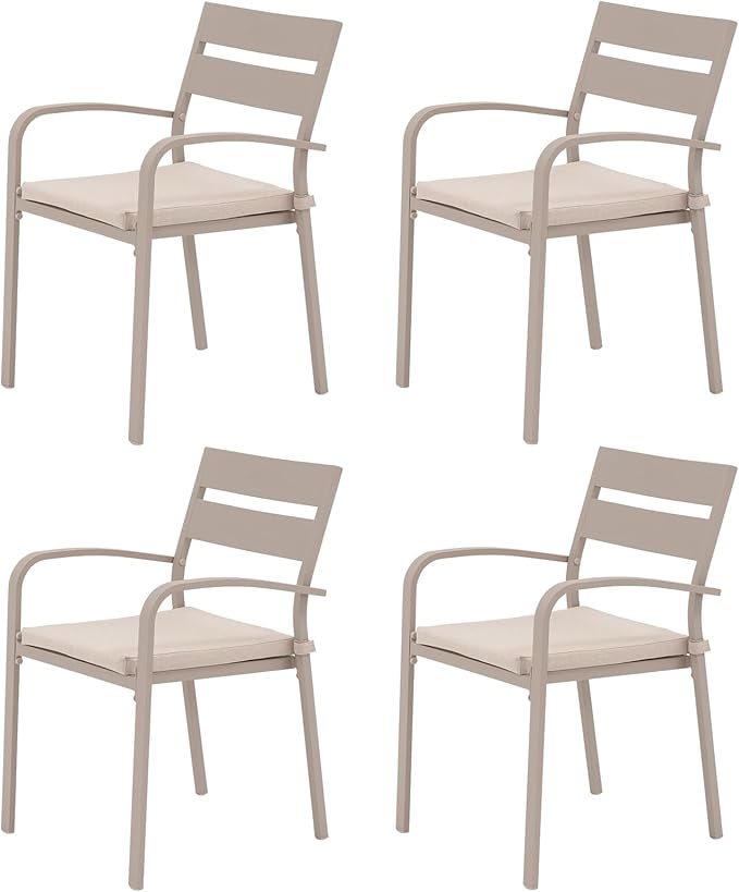 Soleil Jardin Outdoor Aluminum 4-Piece Patio Dining Chairs with Cushions, Stackable Bistro Chairs for Balcony, Garden, Backyard, Flaxen Finish & Beige Cushion