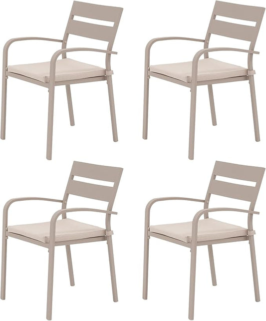 Soleil Jardin Outdoor Aluminum 4-Piece Patio Dining Chairs with Cushions, Stackable Bistro Chairs for Balcony, Garden, Backyard, Flaxen Finish & Beige Cushion