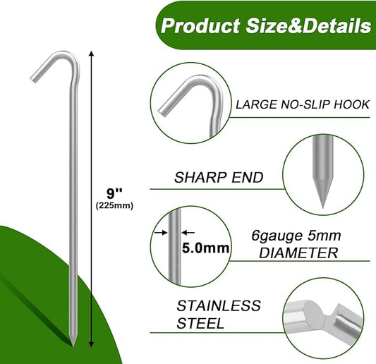 AAGUT Tent Stakes Heavy Duty Metal 9 Inch, 50 Pack Rust-Resistant Galvanized Steel Camping Stake Garden Edging Fence Hooks Yard Tent Pegs for Inflatable, Tarp, Outdoor Christmas Decorations