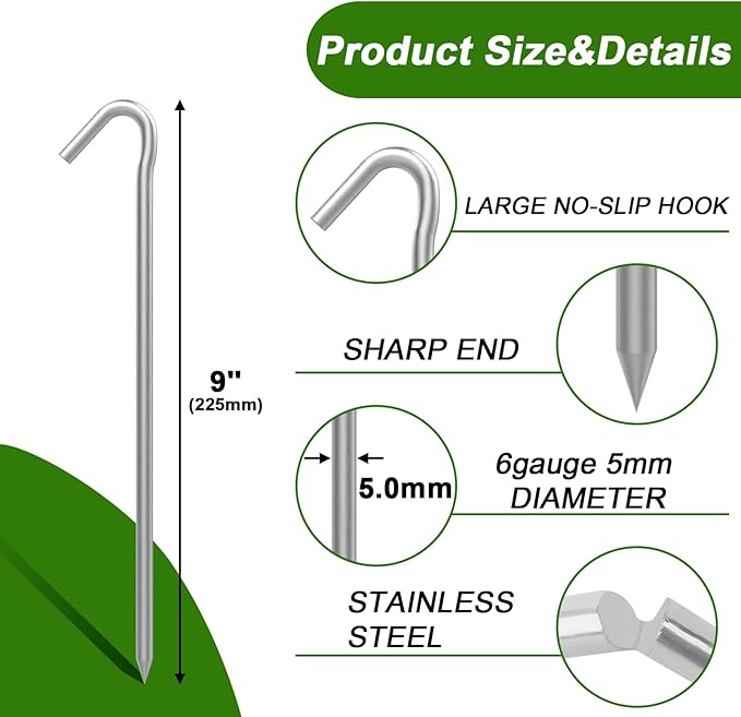 AAGUT Tent Stakes Heavy Duty Metal 9 Inch, 25 Pack Rust-Resistant Galvanized Steel Camping Stake Garden Edging Fence Hooks Yard Tent Pegs for Inflatable, Tarp, Outdoor Christmas Decorations