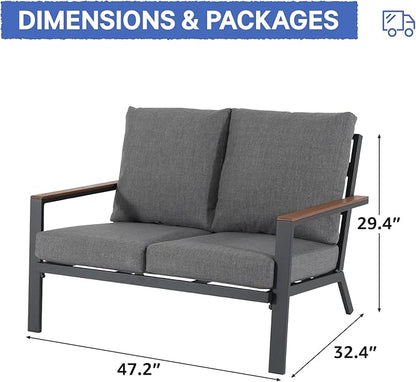 Soleil Jardin Aluminum Patio Furniture Loveseat, Outdoor 2 Seats Sofa Couch with FSC Certified Solid Wood Top, Outdoor Conversation Set Deep Seating Loveseat w/Removable Cushion, Dark Grey