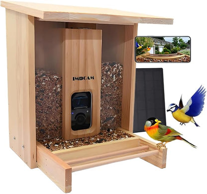 Smart Wooden Bird Feeder with Camera-Solar Power,Bird AI Identifier,1080p HD,5200mAh Battery,3.5L Extra Large,Twin Seed Bins