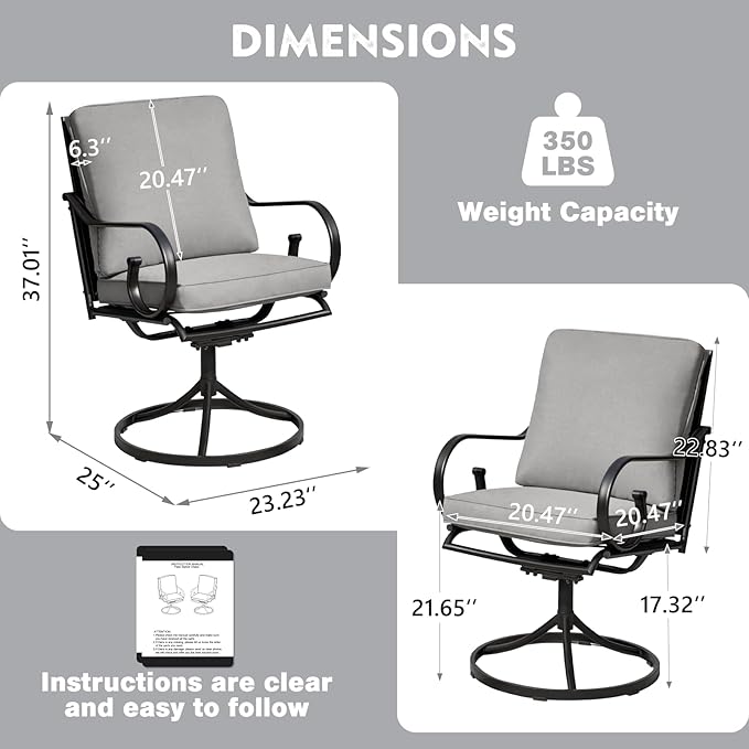MELLCOM Patio Swivel Chair Set of 6, Heavy Duty Outdoor Dining Chairs with Thickened Cushions, Metal Patio Chairs Gentle Rocker for Outside, Garden Lawn & Porch, Backyard, Grey