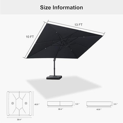 PURPLE LEAF 10' × 13' Patio Cantilever Umbrella with Base Outdoor Rectangle Adjustable Offset Umbrellas with 360-degree Rotation and 8 Heavy Duty Metal Ribs for Garden Deck Pool Grey