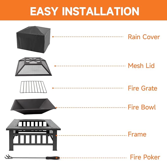 32" Fire Pit Table with Mesh Lid, Wood Burning Fireplace/Firepit with Poker and Accessories
