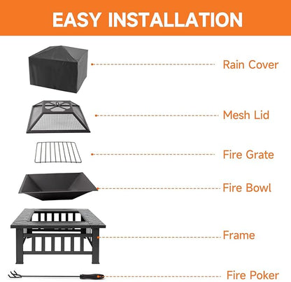 32" Fire Pit Table with Mesh Lid, Wood Burning Fireplace/Firepit with Poker and Accessories