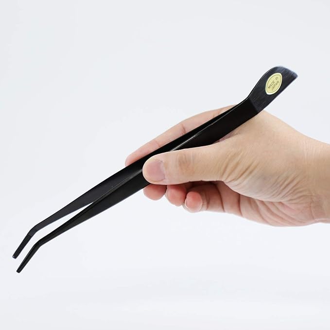 Wazakura Bonsai Curved Tip Tweezer with Spatula MADE IN JAPAN 8.6in(220mm) Stainless Steel Black Coated - Black