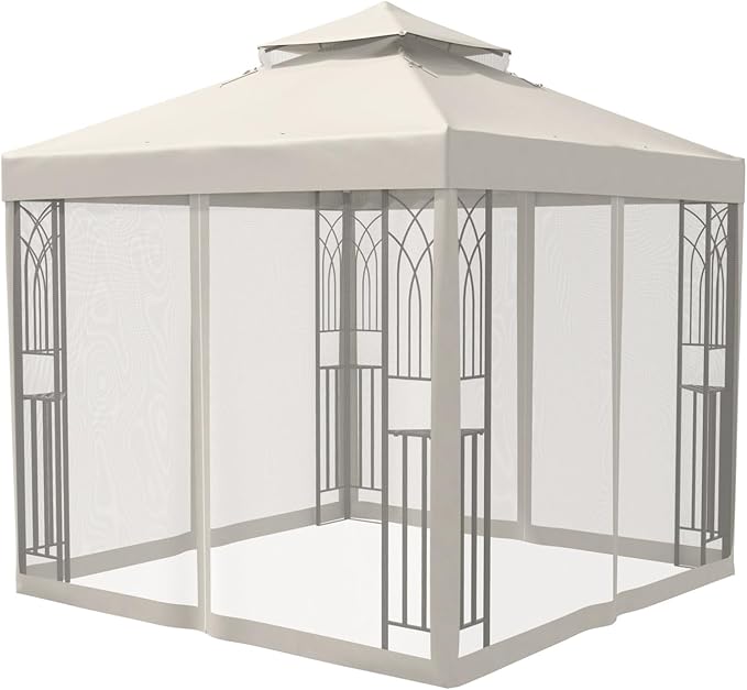 COOS BAY 8x8 Outdoor Patio Gazebo with Netting and Corner Shelves, Two-Tier Soft Top Canopy for Backyard, Lawn, Deck and Garden, Beige