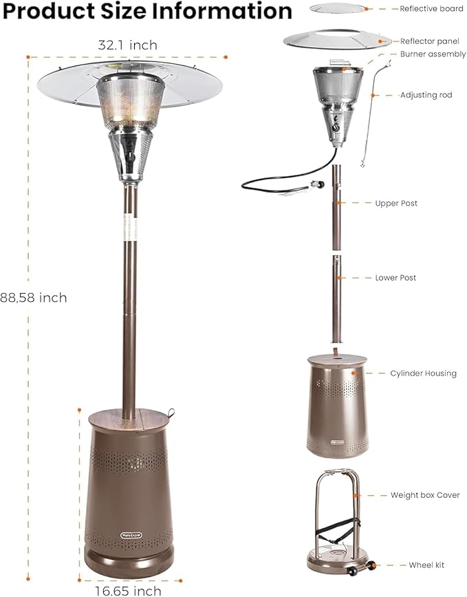 50,000 BTU Patio Heater for Outdoor Use With Adjustable Heat Focusing Top, Portable Propane Patio Heater with Wheels, Stainless Steel Burner for Porch Deck Garden (Brown)